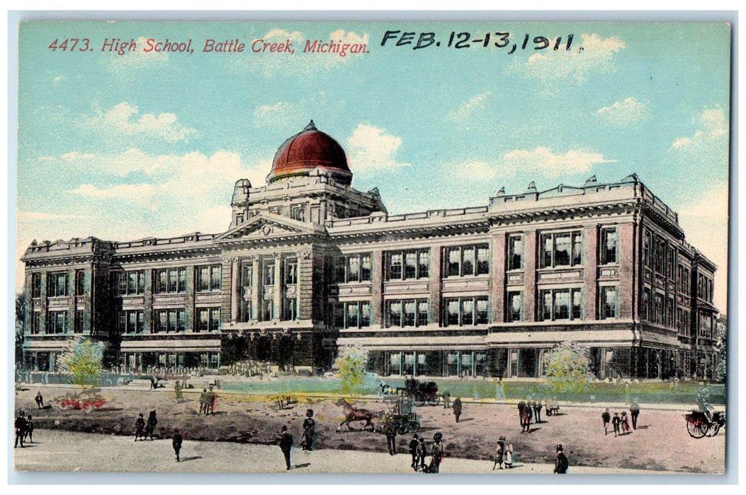 c1950 High School Dome Building Campus Student Battle Creek Michigan MI Postcard