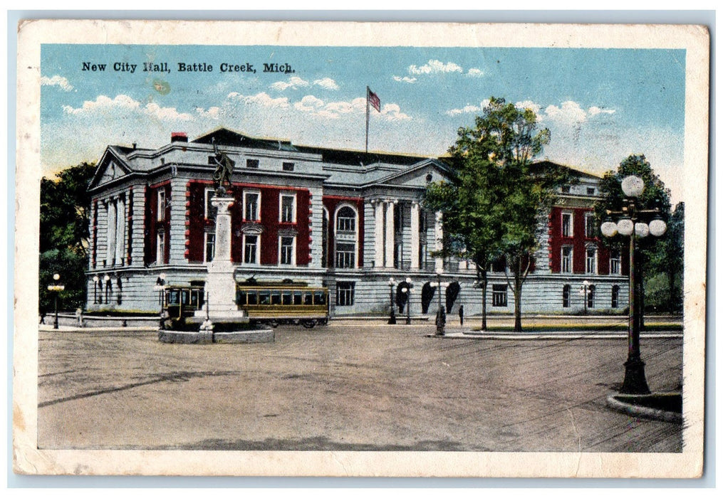 1916 New City Hall Building Trolley Railroad Battle Creek Michigan MI Postcard