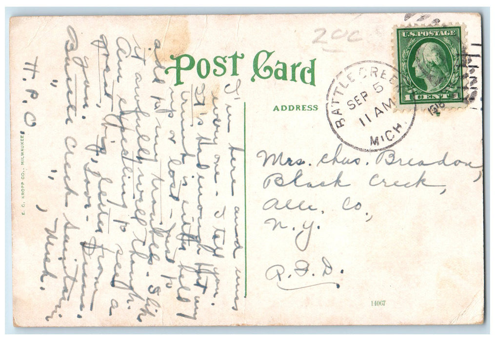 1916 New City Hall Building Trolley Railroad Battle Creek Michigan MI Postcard