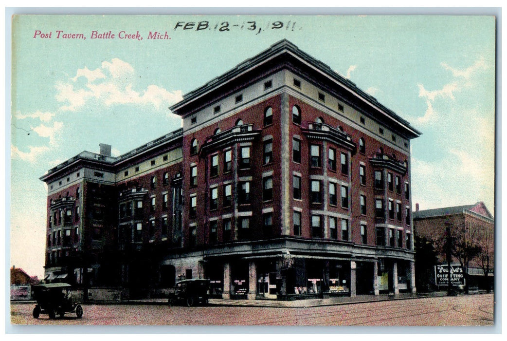 c1910's Post Tavern Building Classic Cars Railroad View Battle Creek MI Postcard