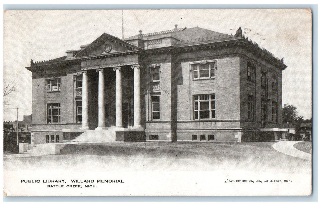 1906 Public Library Willard Memorial Front Building Battle Creek MI Postcard