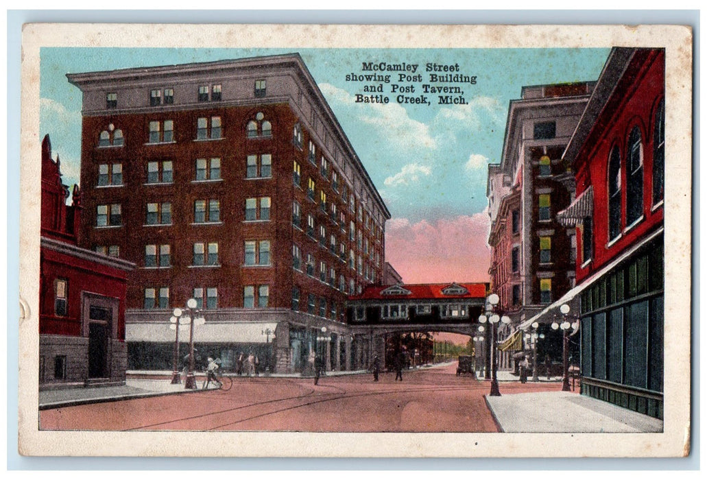 c1920's McCamley Street Post Building Tavern Railroad Battle Creek MI Postcard