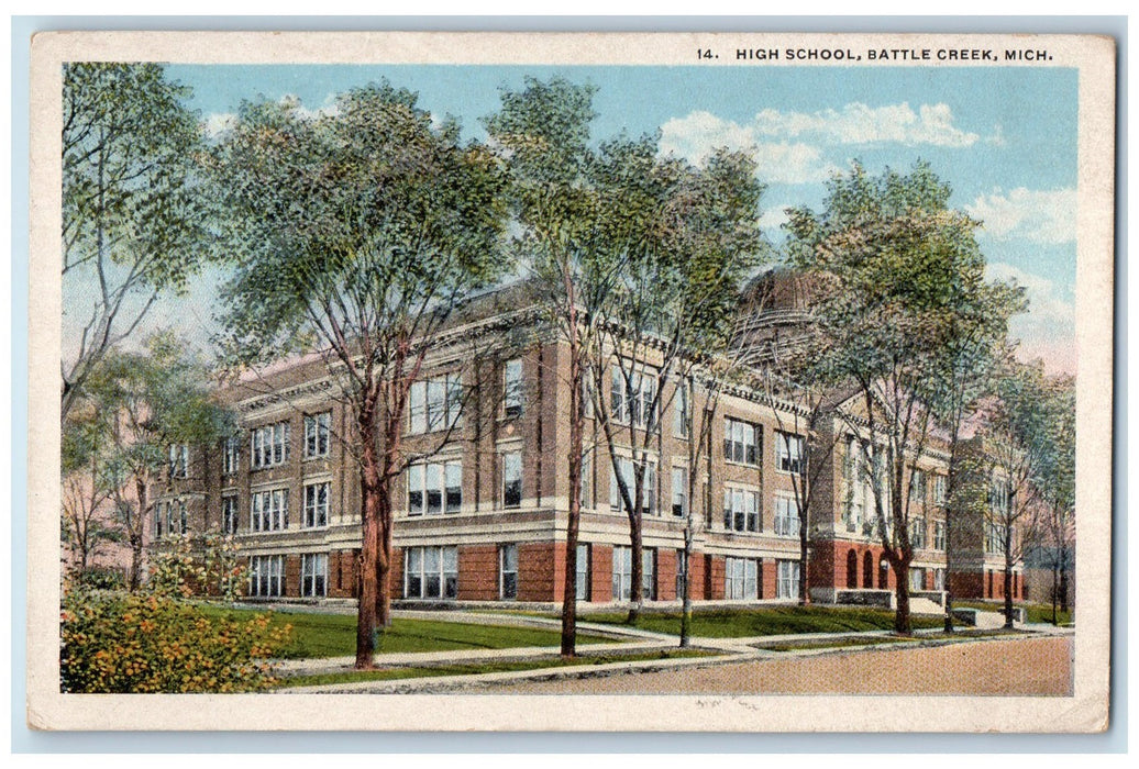 c1920's High School Building Campus Trees Dirt Road Battle Creek MI Postcard