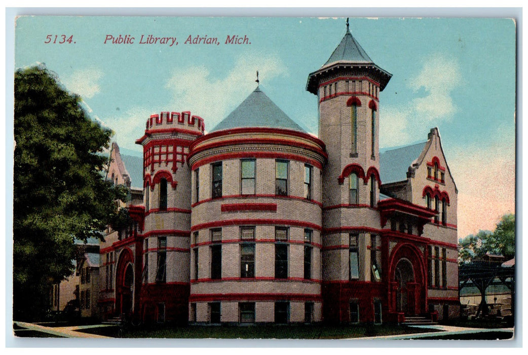 c1950's Public Library Building Tower Entrance View Adrian Michigan MI Postcard