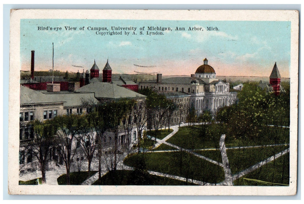 1925 Bird's Eye View Campus University Of Michigan Tower Ann Arbor MI Postcard