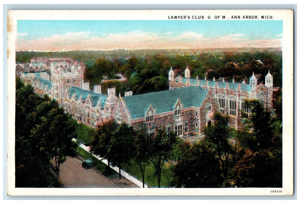 c1920's Lawyers Club Aerial View  University Of Michigan Ann Arbor MI Postcard