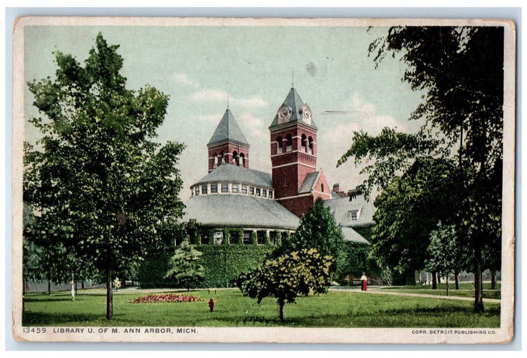 1911 Library University Of Michigan Clock Tower Ann Arbor MI Posted Postcard