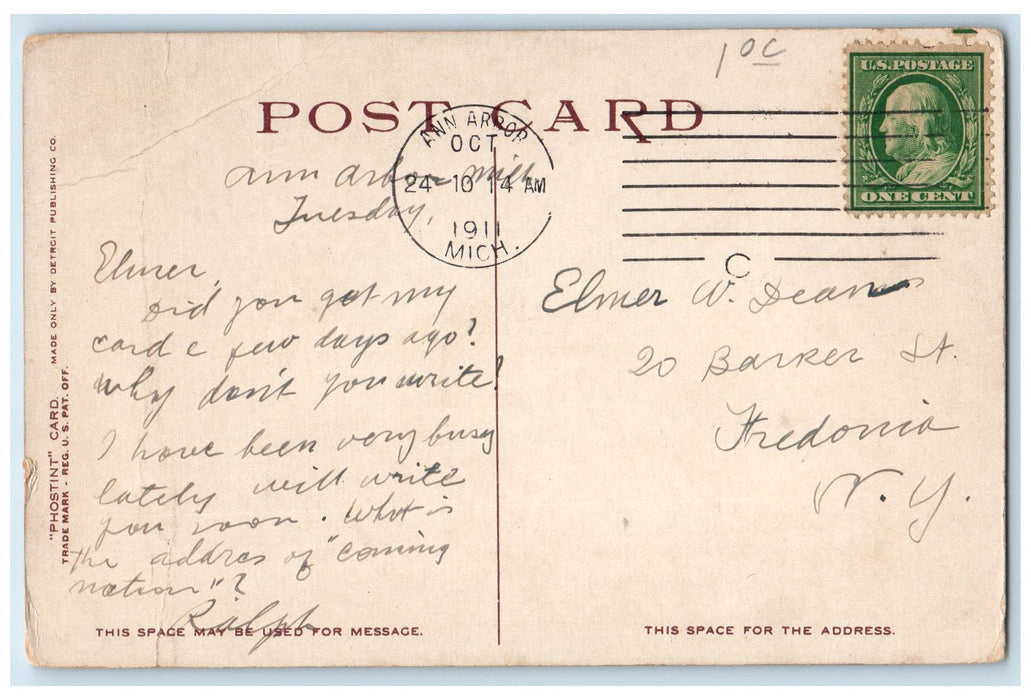 1911 Library University Of Michigan Clock Tower Ann Arbor MI Posted Postcard