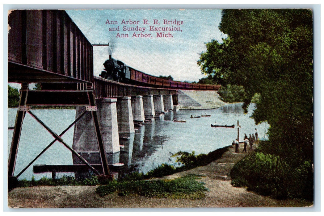 c1950 Railroad Bridge & Sunday Excursion Boats Train River Ann Arbor MI Postcard