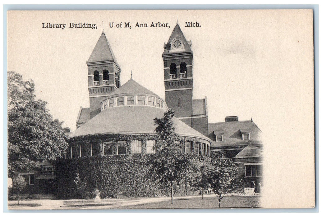 c1905 Library Building University Misc. Twin Tower Clock Ann Harbor MI Postcard
