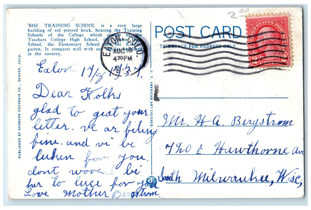 1937 Training School Colorado State Teachers College Campus Greeley CO Postcard