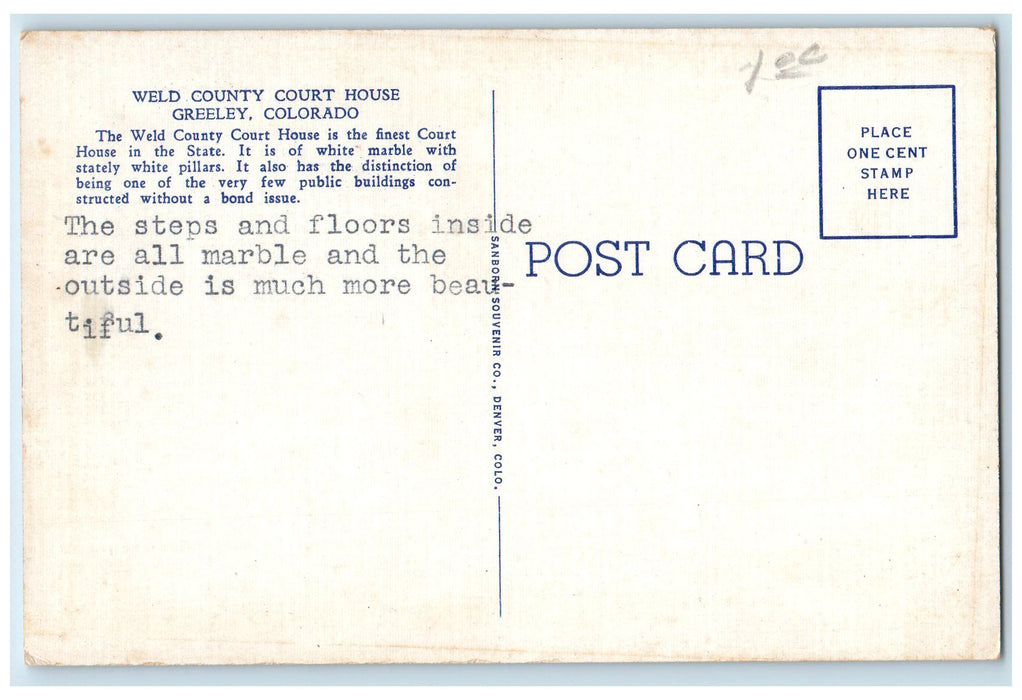 c1940 Weld County Court House Building Clock Stairs Greeley Colorado CO Postcard