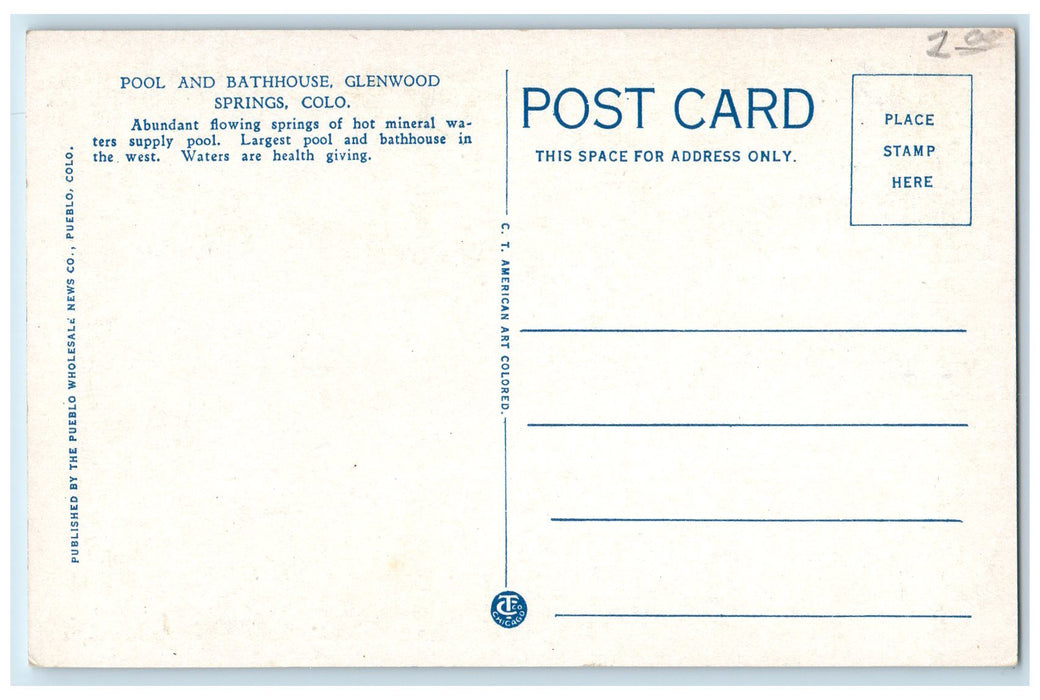 c1920 Pool Bath House Lake River Building Glenwood Springs Colorado CO Postcard
