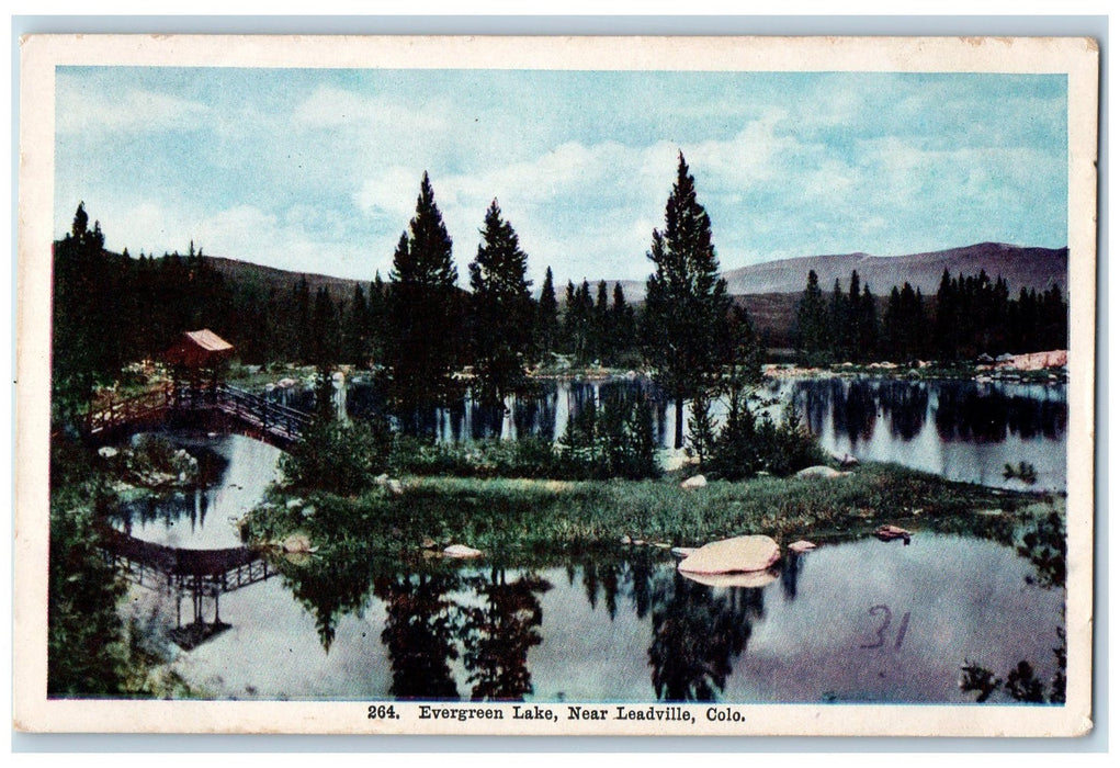 c1920's Evergreen Lake Pond Grove Rustic Bridge Leadville Colorado CO Postcard