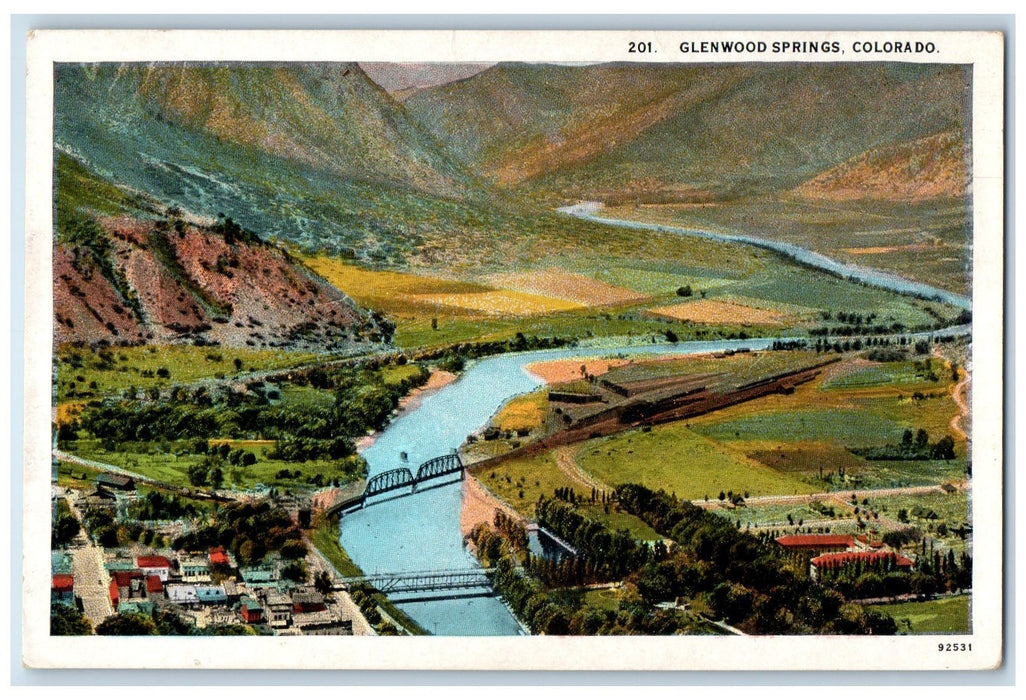 c1920 Glenwood Springs Aerial View River Lake Truss Bridge Colorado CO Postcard