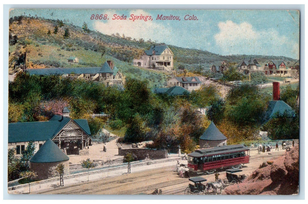 c1910's Soda Springs Dirt Road Trolley Railroad Carriage Manitou CO Postcard