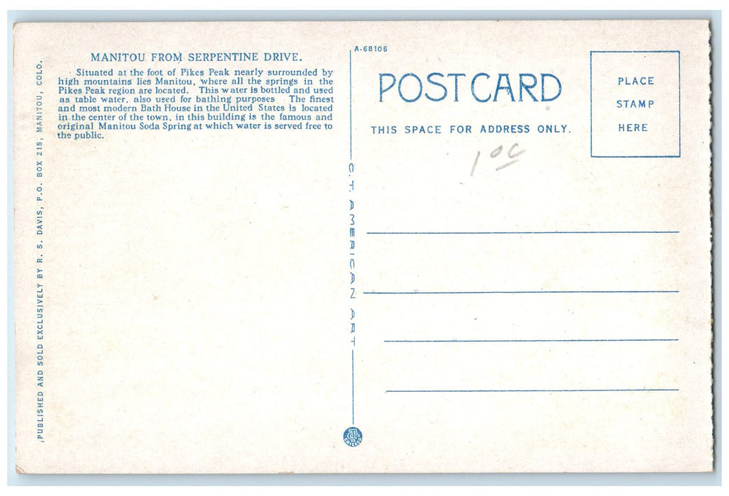c1920's Manitou From Serpentine Drive Dirt Roads Manitou Colorado CO Postcard