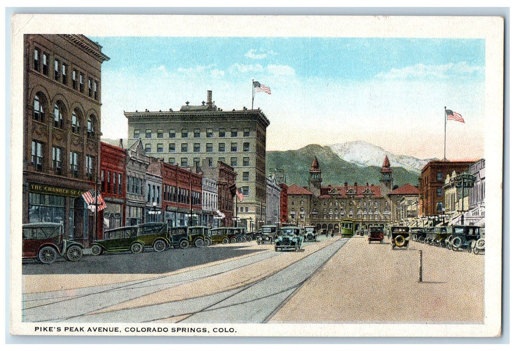 c1920's Pikes Peak Avenue Classic Cars Buildings Colorado Springs CO Postcard