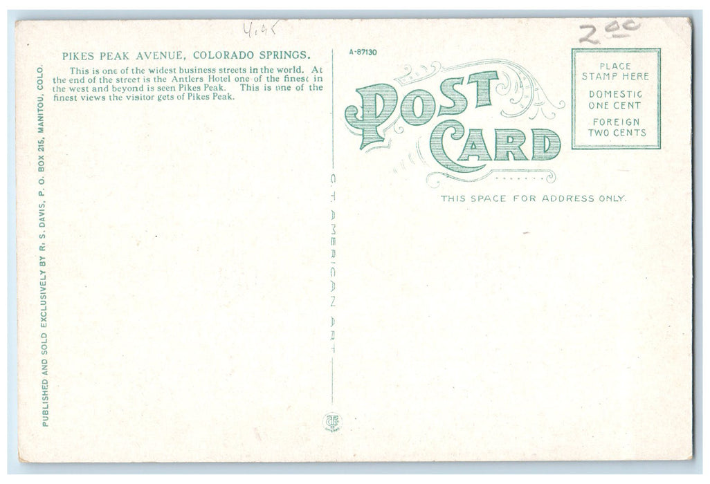 c1920's Pikes Peak Avenue Classic Cars Buildings Colorado Springs CO Postcard