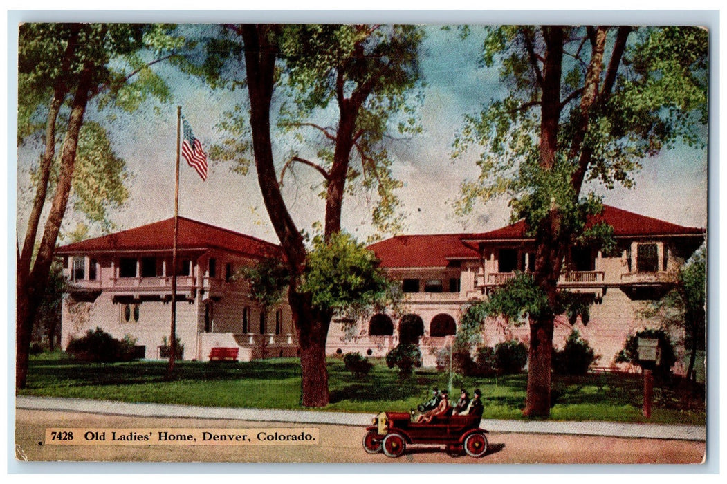 c1910's Old Ladies Home Riding Classic Car Building Denver Colorado CO Postcard