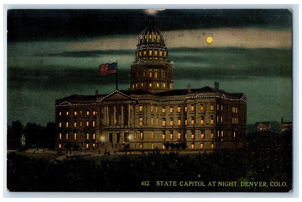c1950's State Capitol At Night Building Dome Flag Denver Colorado CO Postcard