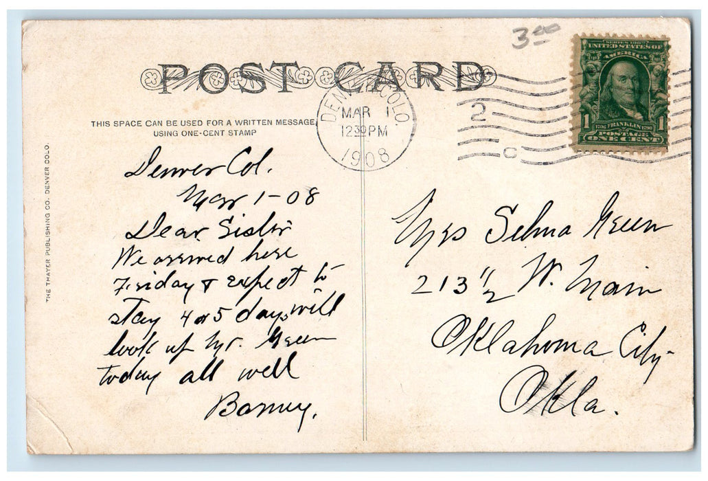 1908 Sixteenth Street Looking Toward Capitol Clock Denver Colorado CO Postcard