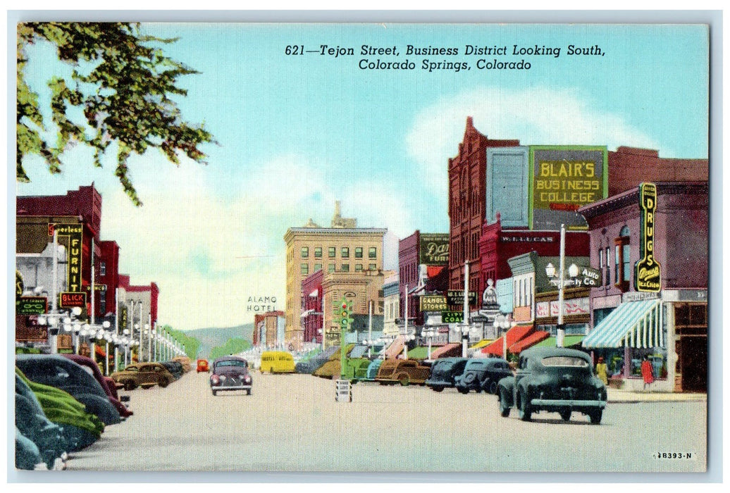 c1940's Tejon Street Business District Classic Cars Colorado Spring CO Postcard