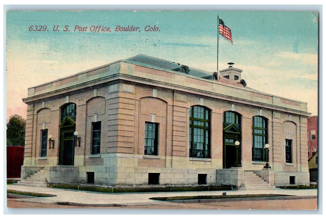 1911 US Post Office Building Stairs Entrance Flag Boulder Colorado CO Postcard