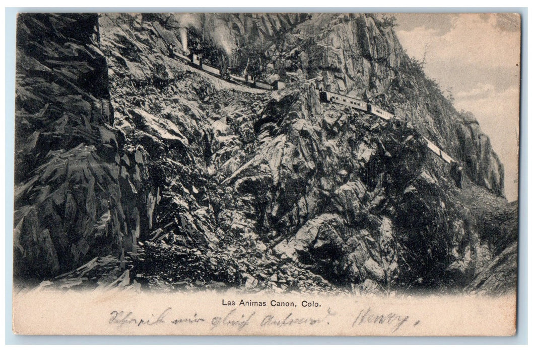 1909 Las Animas Rock Formation Train Railroad Hills Canon Colorado CO Postcard
