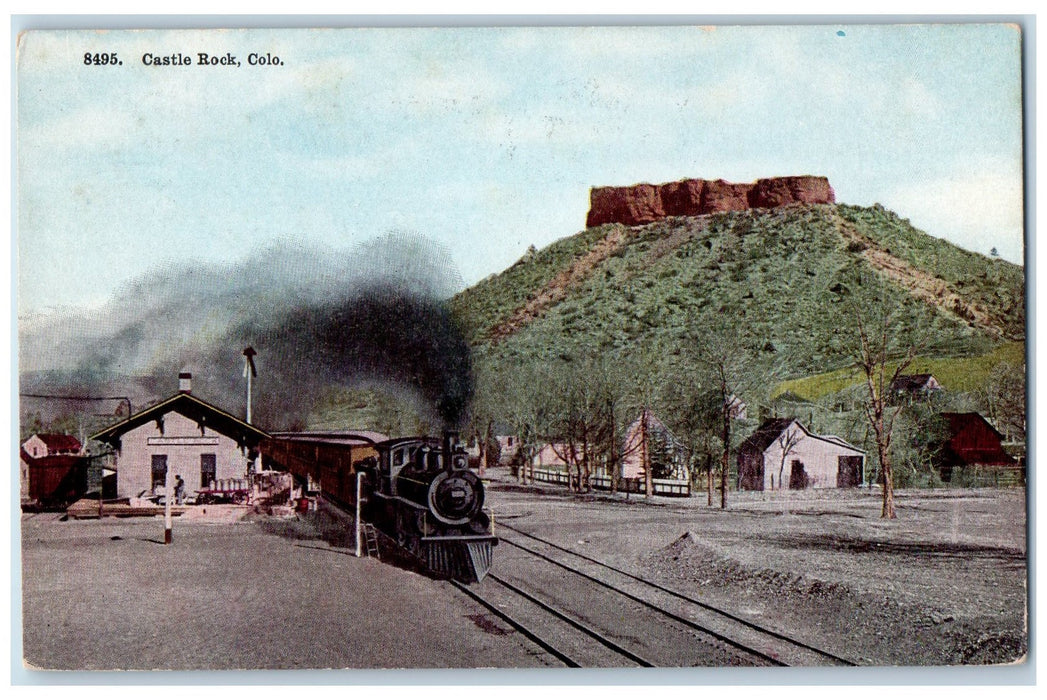 c1950 Castle Rock Train Railroad Smokestacks Hills Road Colorado CO Postcard