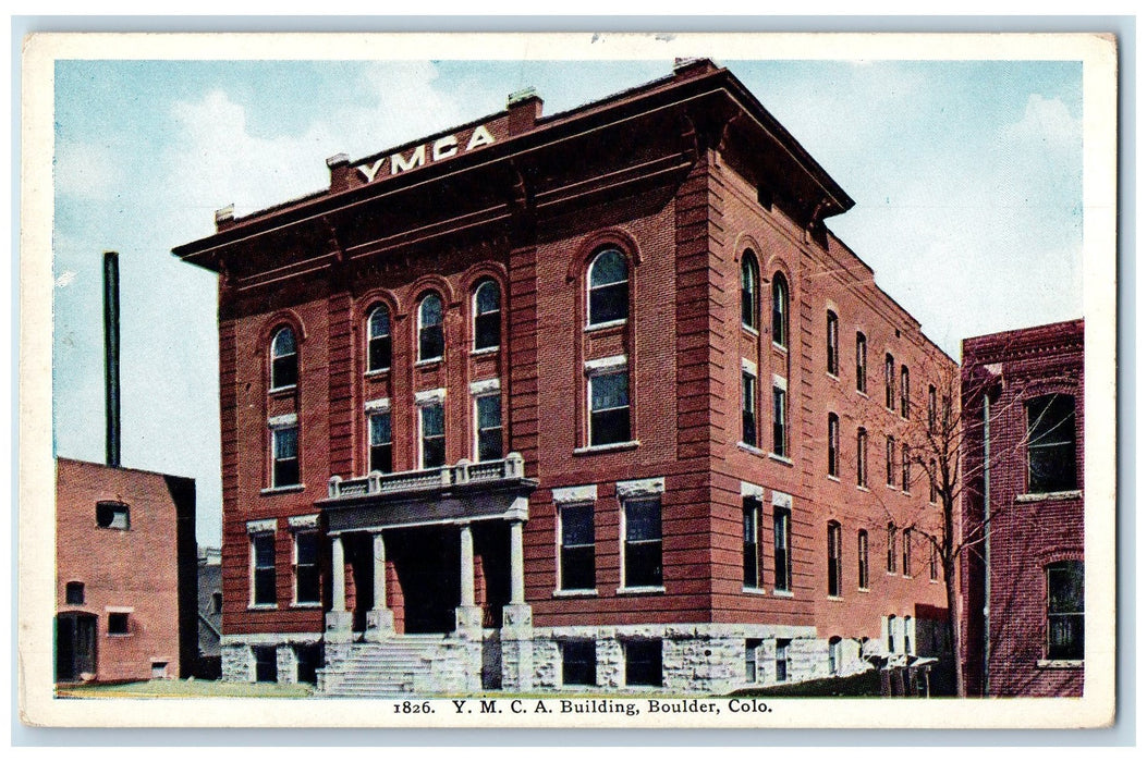 c1920's YMCA Building Stairs Entrance Smokestacks Boulder Colorado CO Postcard