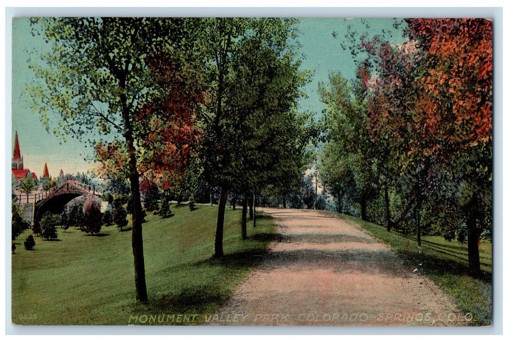 c1950 Monument Valley Park Towers Dirt Road Bridge Colorado Springs CO Postcard