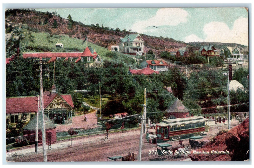 1909 Soda Spring Buildings Hills Trolley Dirt Road Manitou Colorado CO Postcard