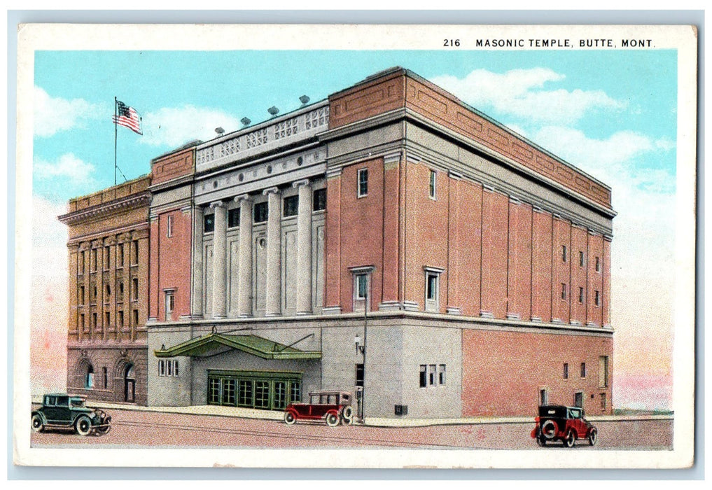 c1920's Masonic Temple Classic Cars Building Flag View Butte Montana MO Postcard