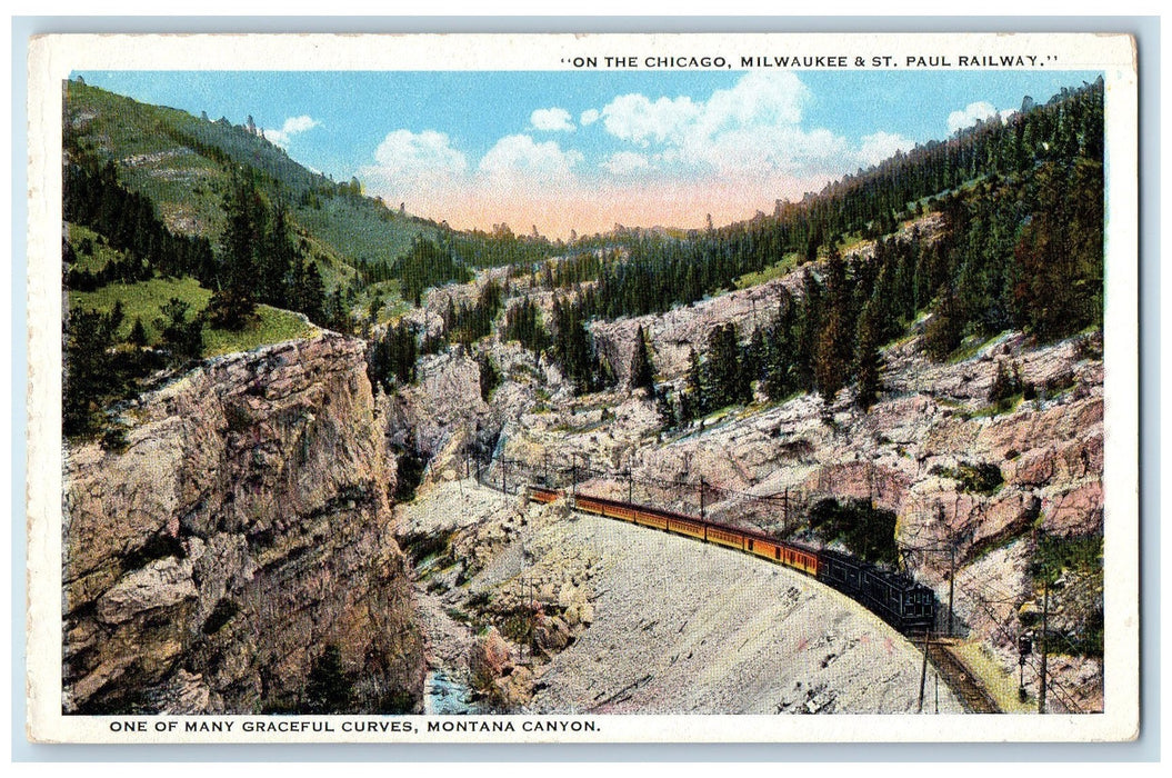 c1920 Graceful Curves Montana Canyon Train Hills Grove View Montana MO Postcard