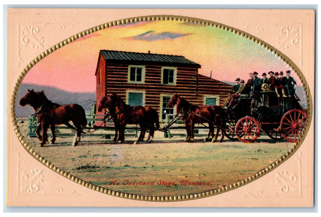 c1920's Overland Stage Montana Carriage Passenger Load Oval Embossed MO Postcard