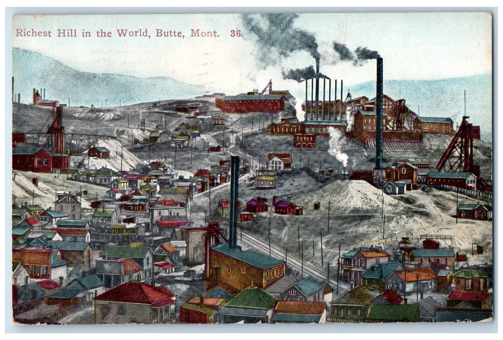 1910 Richest Hill In The World Mining Area Smokestack Butte Montana MO Postcard