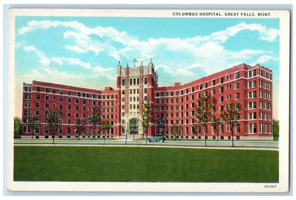 c1920's Columbus Hospital Building Cross Tower Great Falls Montana MO Postcard