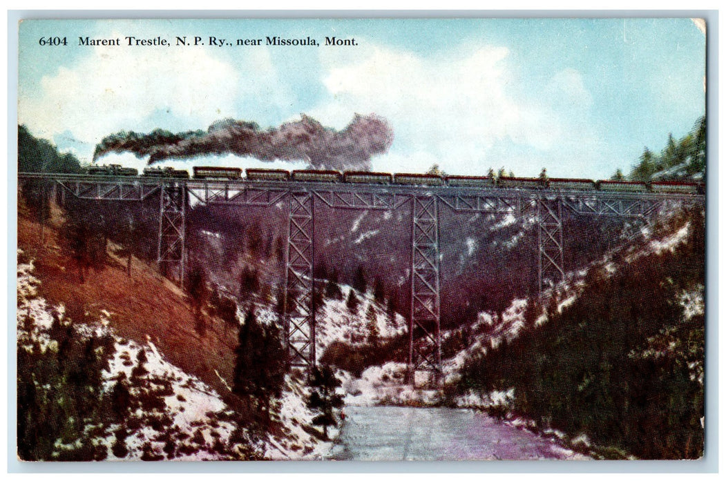 c1950's Marent Trestle NPRy Truss Bridge Train View Missoula Montana MO Postcard