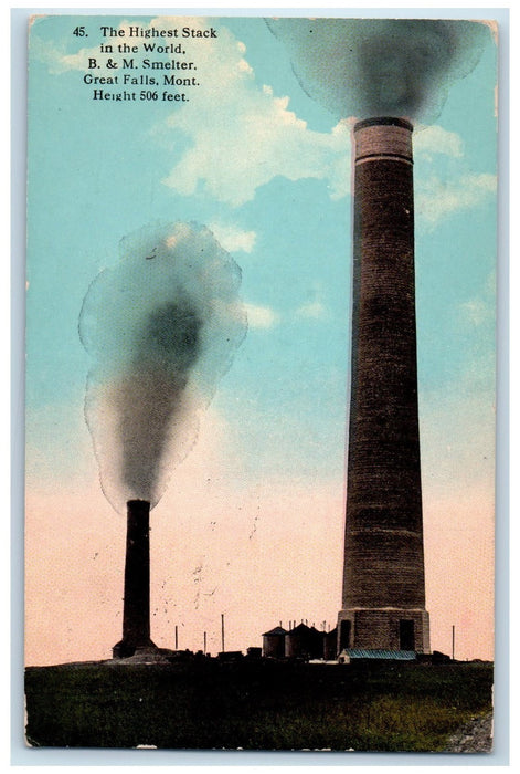 1912 The Highest Stack In The World B&M Smelter Great Falls Montana MO Postcard