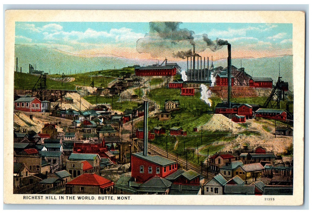 c1920's Richest Hill In The World Smokestacks Railroad Butte Montana MO Postcard