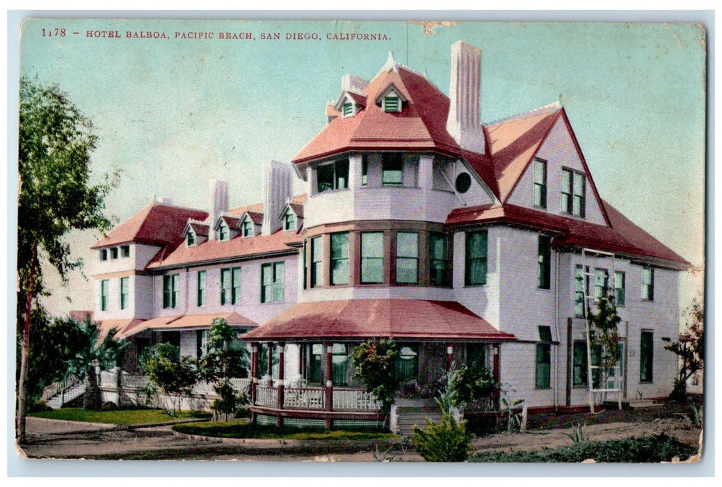 1910 Hotel Balboa Pacific Beach Building Restaurant Porch San Diego CA Postcard