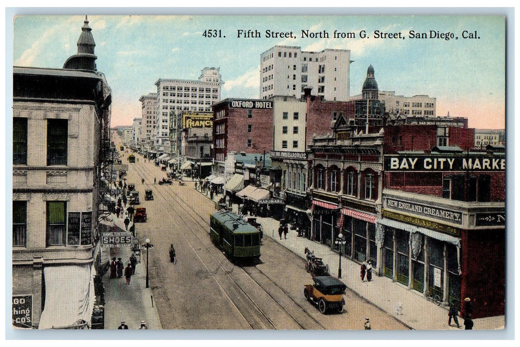 c1910 Fifth Street From G St. Trolley Railway Classic Car San Diego CA Postcard
