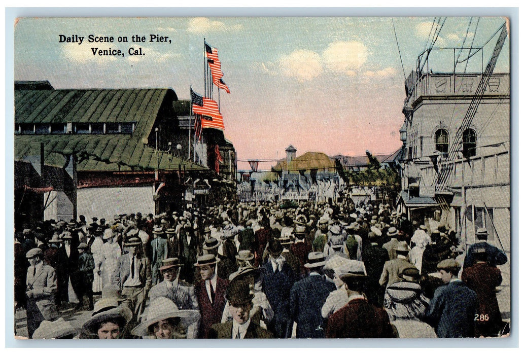 c1910's Daily Scene On The Pier Crowd Ship Flags Venice California CA Postcard