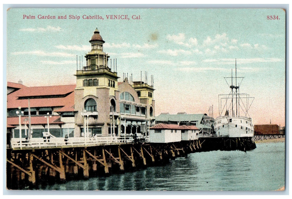 c1950's Palm Garden & Ship Cabrillo Building Tower Venice California CA Postcard