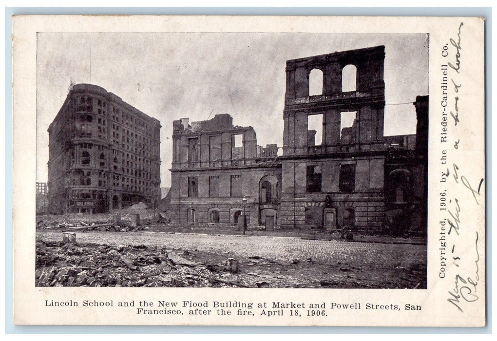 1907 Lincoln School & New Flood Building Market San Francisco 1906 CA Postcard
