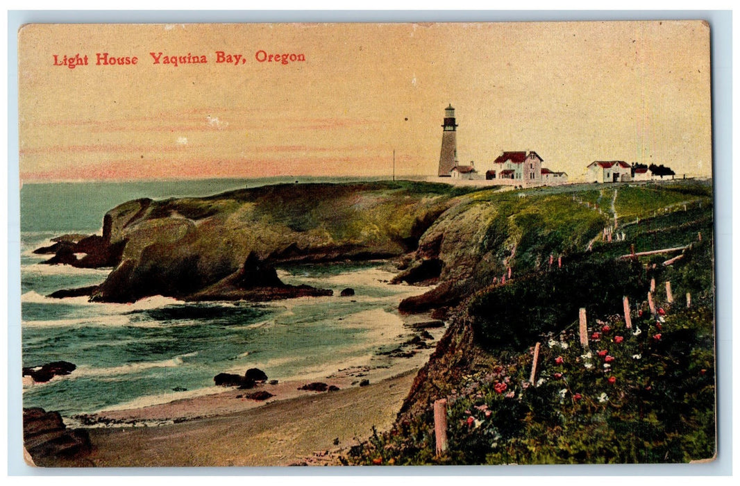 c1950's Light House Seashore Houses Road Flowers Yaquina Bay Oregon OR Postcard