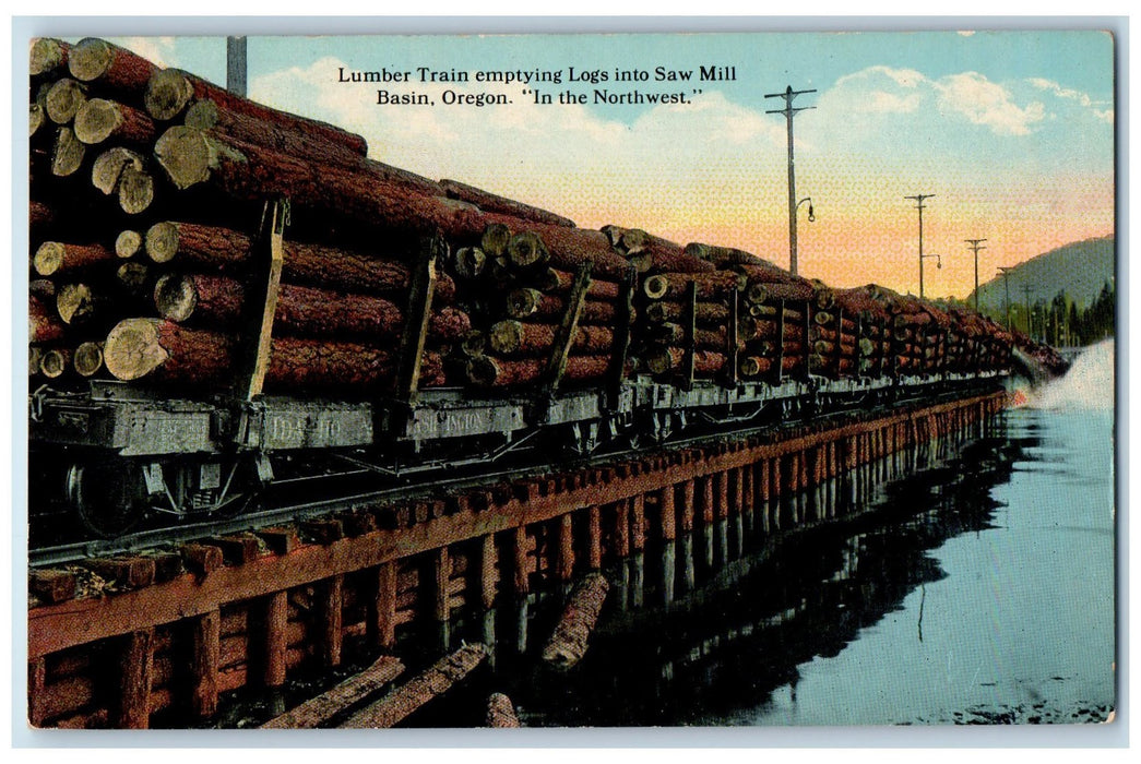 c1950's Lumber Train Emptying Logs Into Saw Mill River Basin Oregon OR Postcard