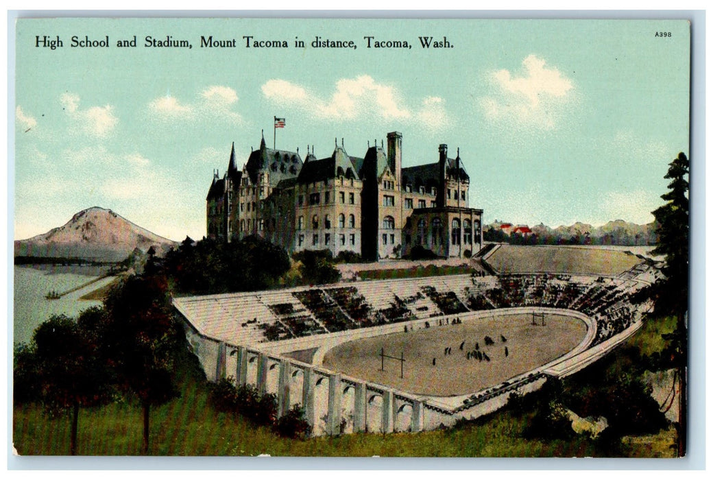 c1910s High School And Stadium Mount Tacoma In Distance Scene Tacoma WA Postcard