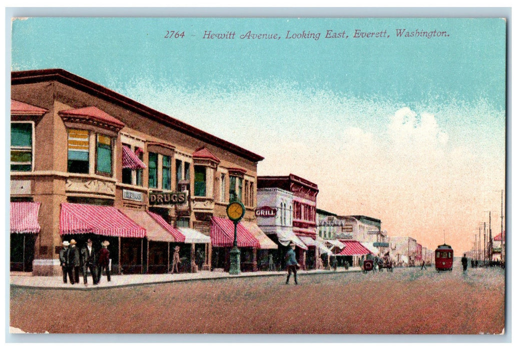 c1950's Hewitt Avenue Looking East Stores Trolley Everett Washington WA Postcard